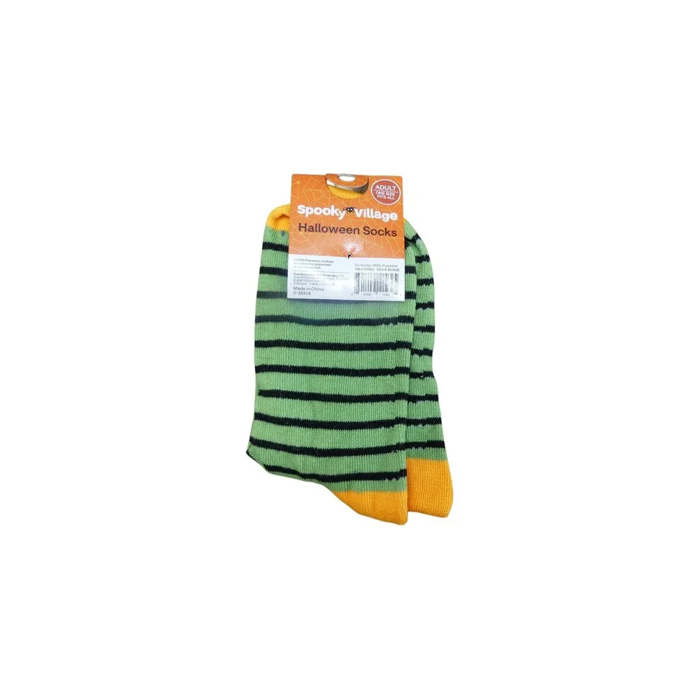 Spooky Village Halloween Socks Women OS Green NWT Black Cat Striped Festive